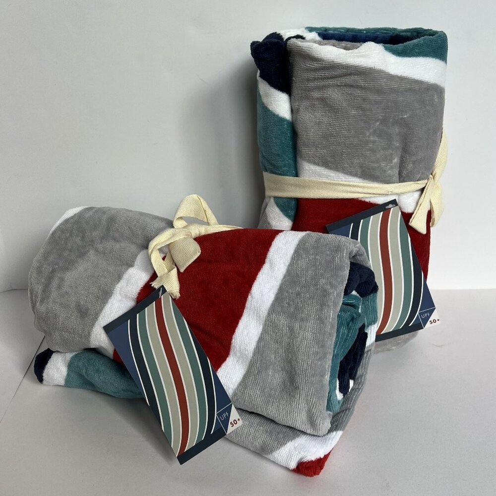 POTTERY BARN TEEN Set of 2 Sporty Stripe Beach Towels Blue/Red/Gray NEW PB TEEN